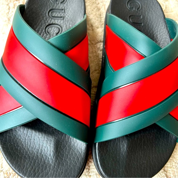 NIB Authentic Gucci Rubber Web Cross Front Slide Sandals Slippers Men 6 Women 8 - Picture 2 of 7